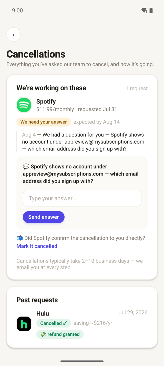A cancellation request in progress, with our team's updates step by step